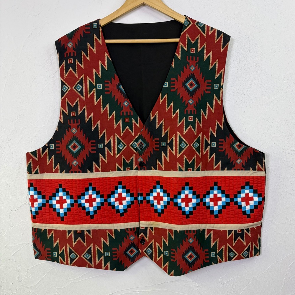 Vintage Southwestern Vest Waistcoat Mens XL Aztec Quilted Cowboy Western